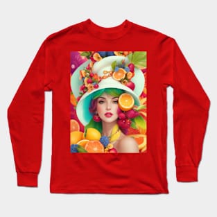 А woman with a white hat and some colorful fruity Long Sleeve T-Shirt